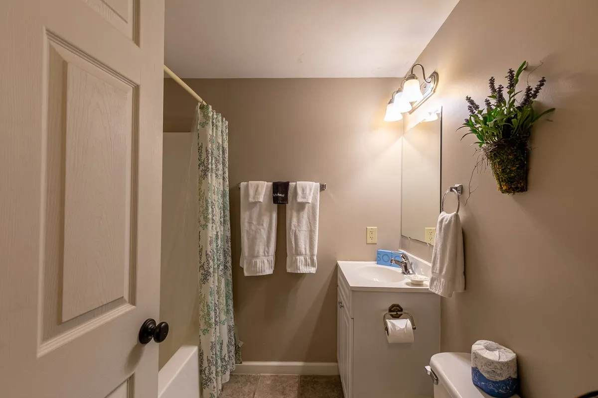 A stylish vanity area with a sink, mirror, plush towels, and a small plant, radiating a calming, spa-like ambiance. The setup invites personal grooming and self-care moments in a soothing setting, echoing the relaxation and wellness theme.
